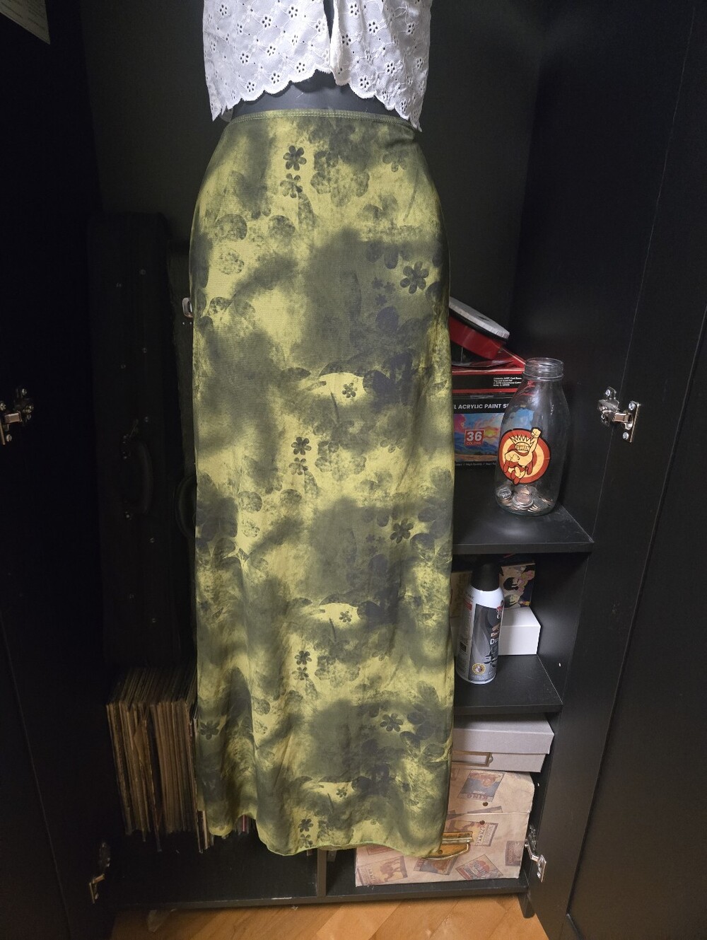 MUSERA Olive Moss Green Abstract Floral Print Column Maxi Skirt Size Large